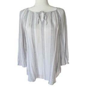 Fred David Striped Peasant Blouse 3/4 Sleeve Tie Neck Size Medium